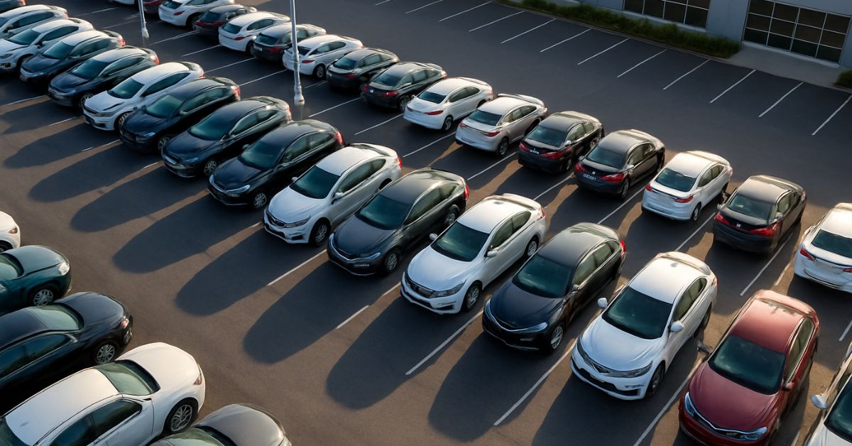 Aerial view of dealer inventory rows—perfect visual for a “days on lot” article.